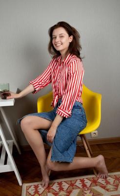 Sienna  Red striped blouse and jeans skirt