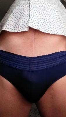 Cock in Lace Navy Blue Panties and White Lace Panties