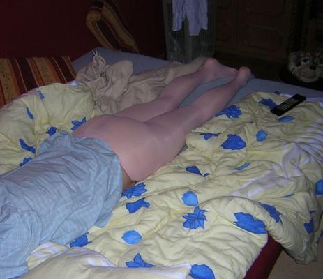 Sleeping hairy pussy and feet in pink pantyhose