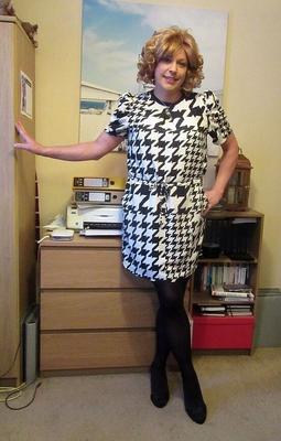 Nicola in Black and White Dogtooth Dress