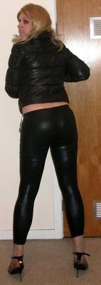 sissy chav in black shiny leggings