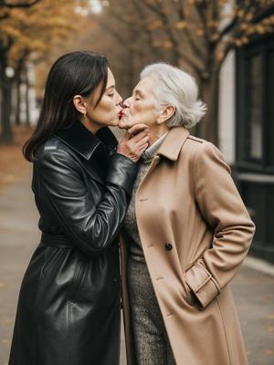 AI - Older ladies in long leather coats making out