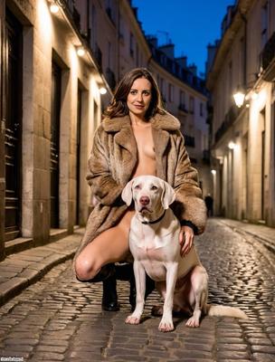 AI morena y su perro en París de noche - exponiéndose